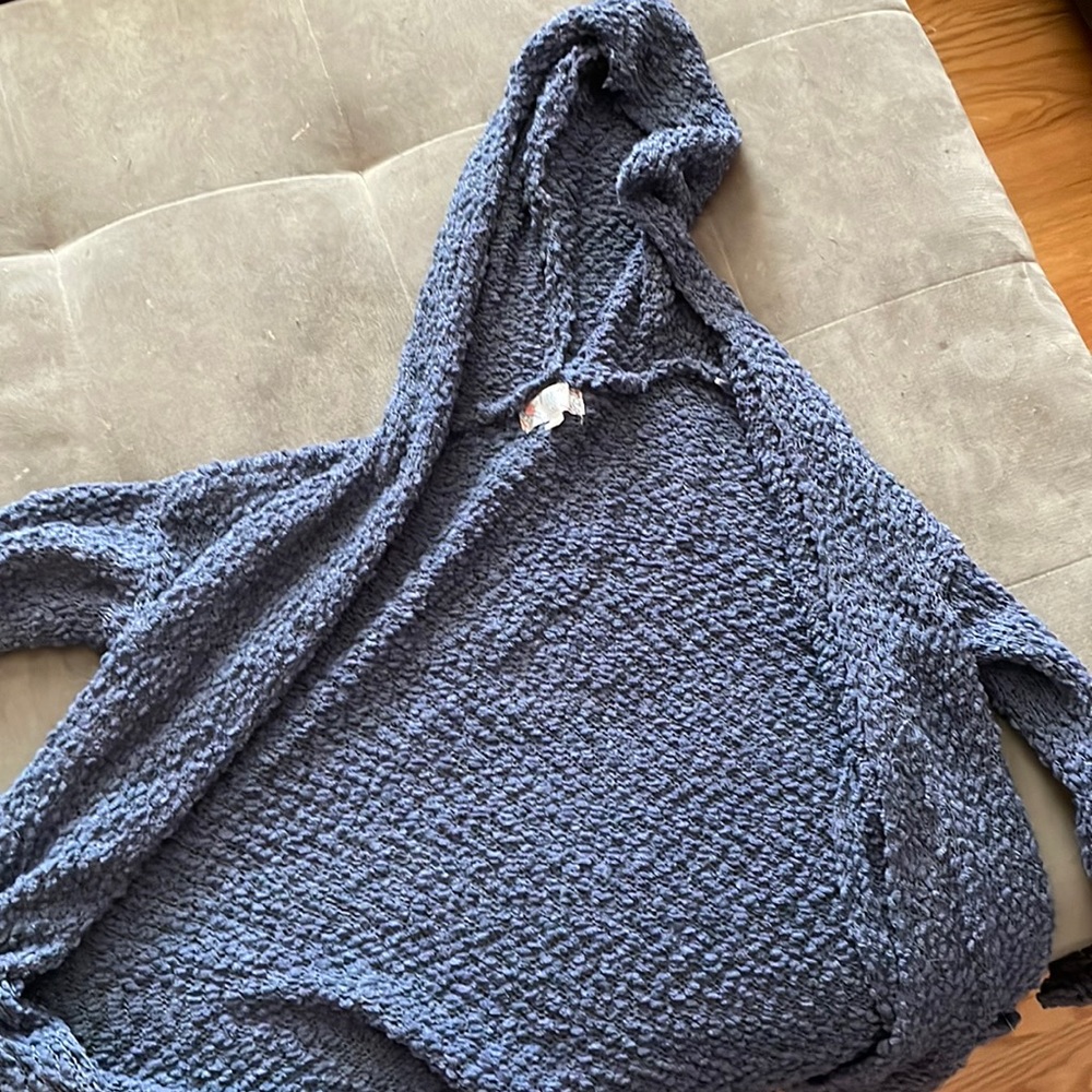 blue cardigan with hood